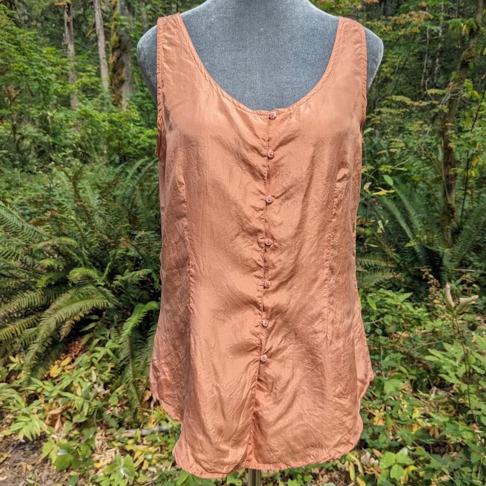 Vintage New York Studio 100% Silk Tank Top S Solid Apricot Button Up Front Cami